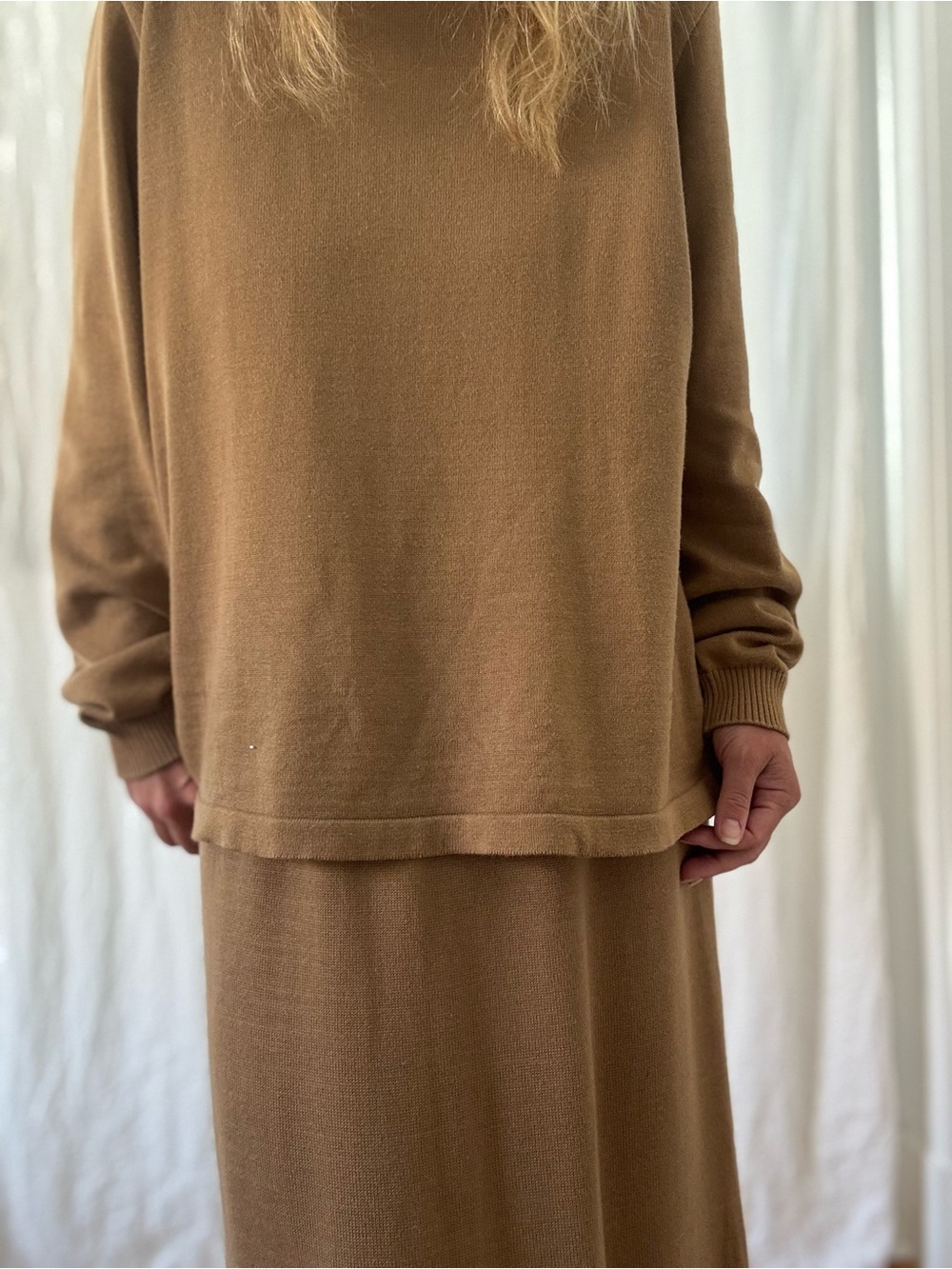 Vintage cotton knit skirt and loose turtleneck sweater set 1990s made in Canada